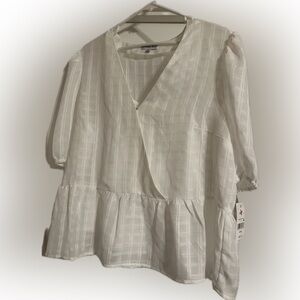 White Lined Puff Sleeve Wrap Blouse with Tiered Design-size XL, New With Tags